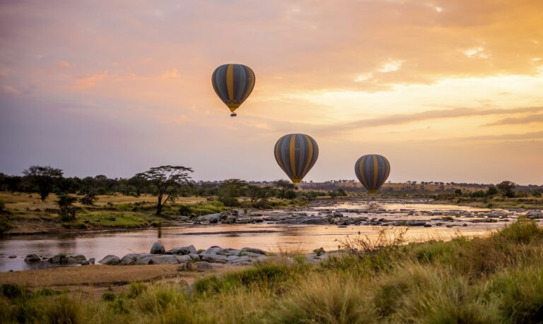 Hot-air balloons over the Serengeti at sunrise