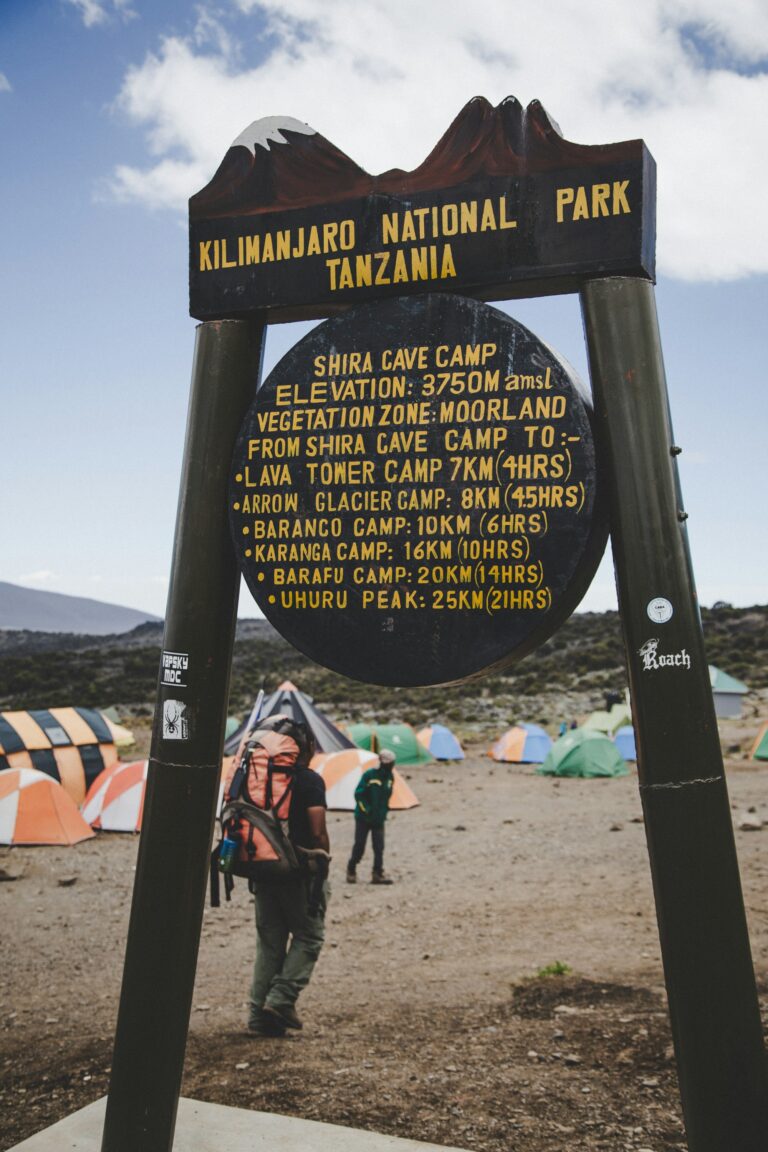Kilimanjaro National Park camp signpost on the trail