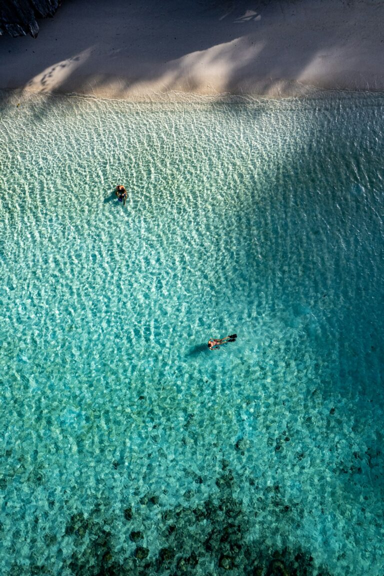 Two people snorkelling in clear shallow water