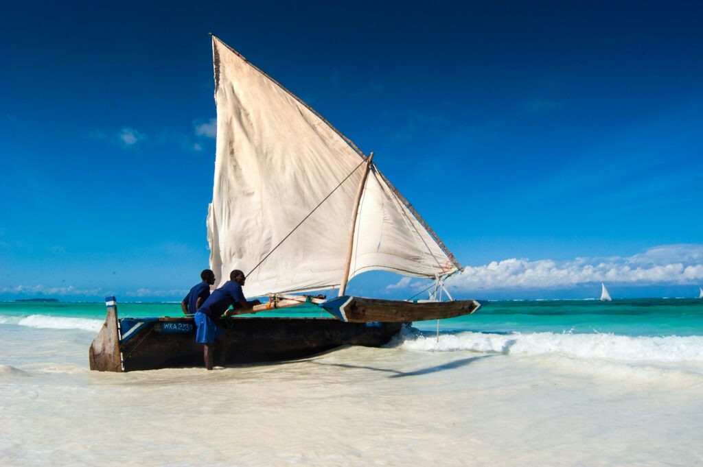 Traditional sailing boat on Matemwe beach, Zanzibar